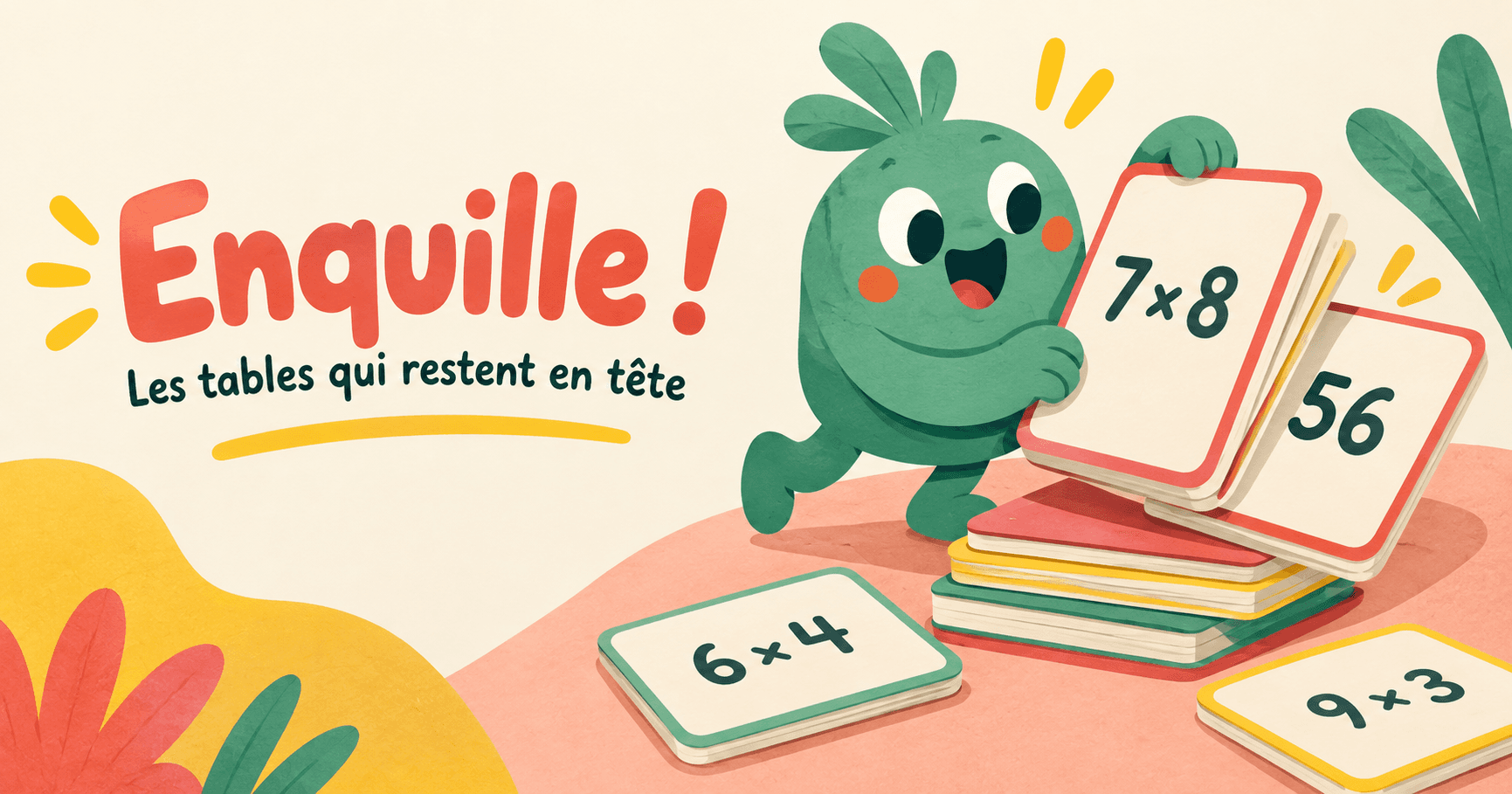 Mascotte Enquille avec des cartes de multiplication